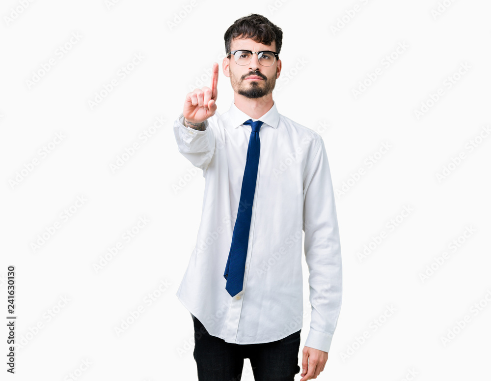 Young handsome business man wearing glasses over isolated background Pointing with finger up and angry expression Young handsome business man wearing glasses over isolated background Pointing with finger up and angry expression