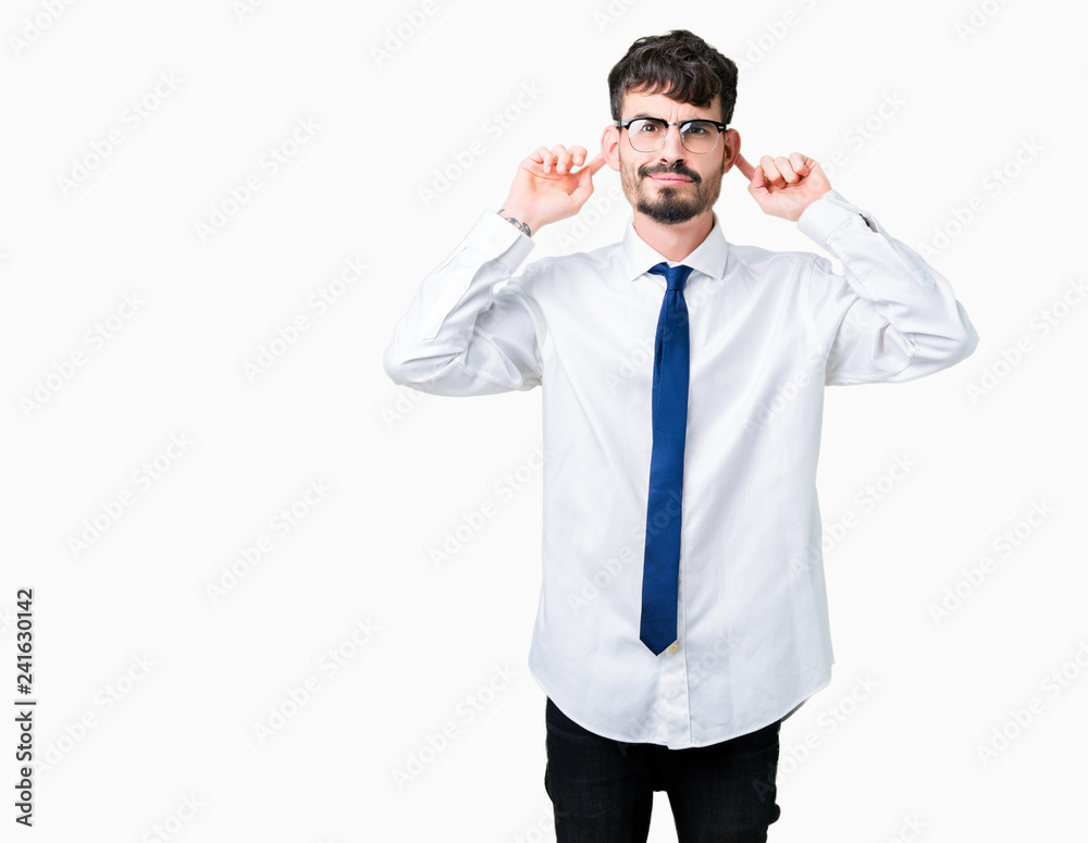Young handsome business man wearing glasses over isolated background Smiling pulling ears with fingers, funny gesture. Audition problem Young handsome business man wearing glasses over isolated background Smiling pulling ears with fingers, funny gesture. Audition problem
