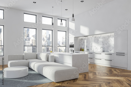 White living room and kitchen corner