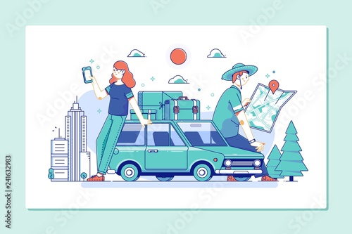 Discover the World.Travel explore, discover and trip to world. Couple of tourists consulting a city guide and smartphone gps in the street searching locations