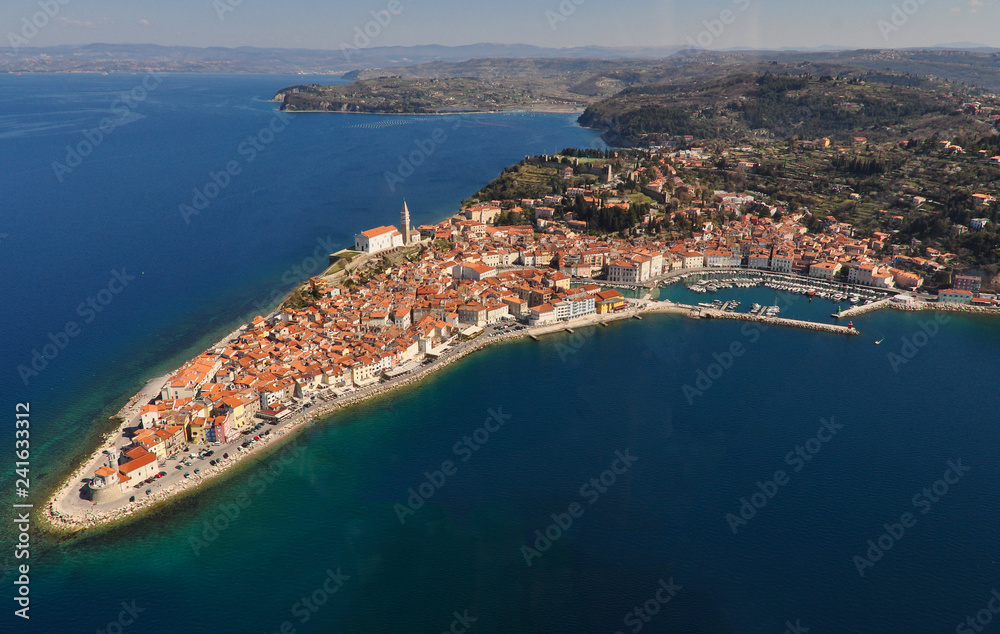 Aerial view of mediaeval coastal town Piran in Slovenia