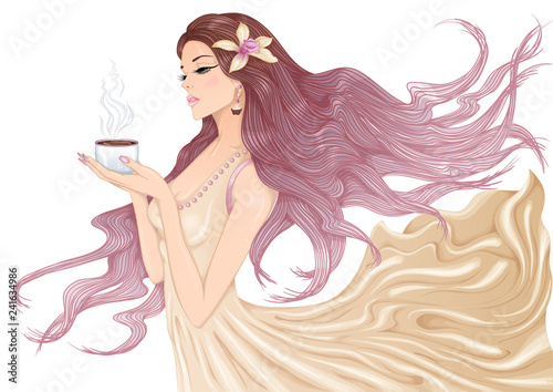 Vector illustration of a beautiful young girl with long hair in a flowing dress with a cup of hot coffee or tea in her hands. Isolated on white background.