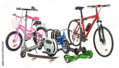 Children's tricycle, bicycle, adult bike, electric unicycle, electric kick scooter, skateboard and self-balancing scooter. 3D rendering photo