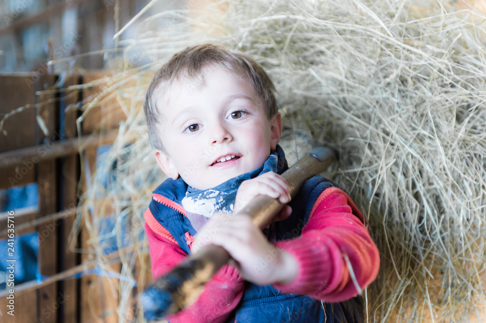 Un petit garçon porte du foin avec une fourche pour nourrir les animaux de la ferme Stock Photo