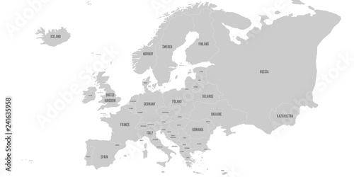 Political map of Europe continent in grey. With whole european part of Russia and Kazakhstan. Vector illustration.