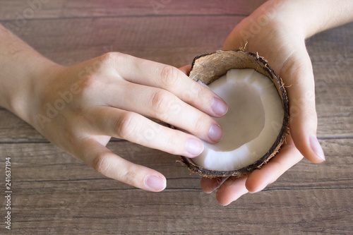 Coconut cream hand care, natural cosmetics. Hand care. Beauty and spa concept.