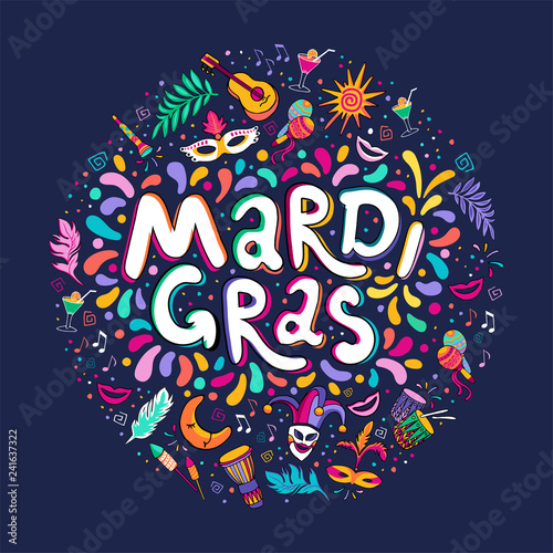 Vector Hand drawn Mardi Gras Lettering text inscription round shape. Carnival Colorful Party Elements confetti fireworks