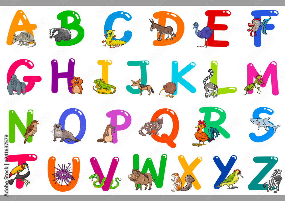 Fototapeta premium Cartoon Alphabet with Happy Animal Characters