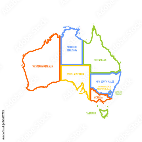 Simplified map of Australia divided into states and territories. Multicolored outline flat vector map.
