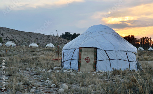 Yurt camp at Issyk-Kul ("warm lake") shore,landscape with beautiful traditional nomadic houses,Kyrgyzstan