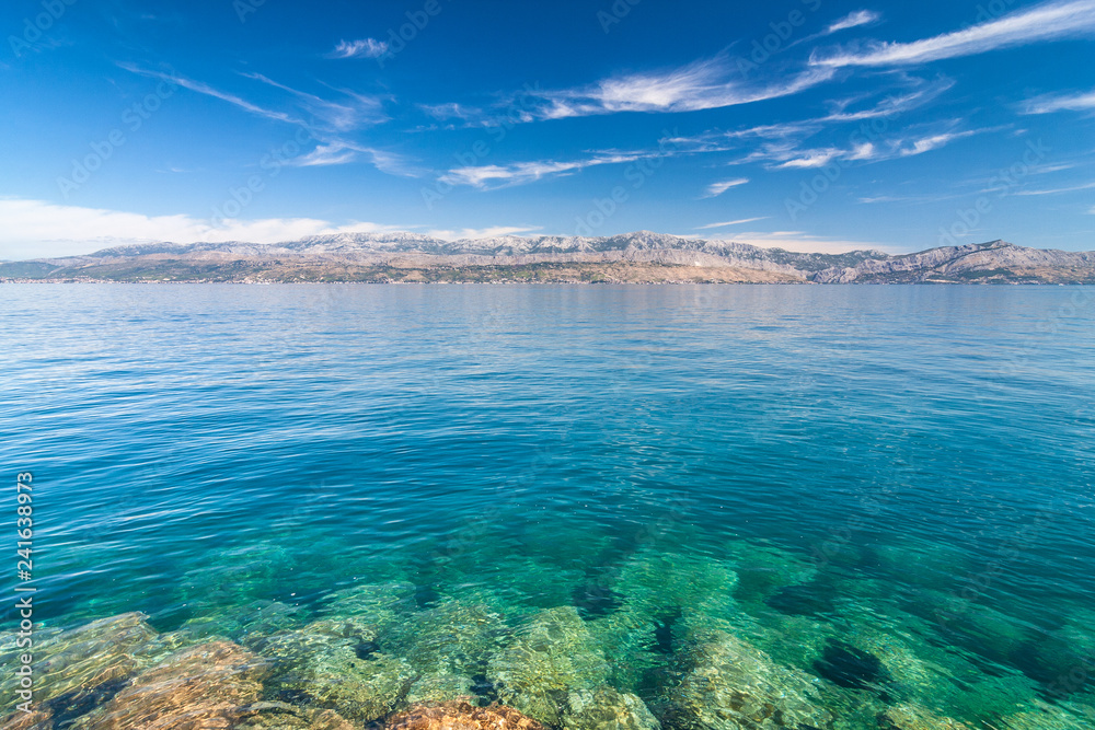 The view at the sea and mountain coast of Croatia from the Brac island, Croatia, Europe.