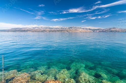 The view at the sea and mountain coast of Croatia from the Brac island, Croatia, Europe.