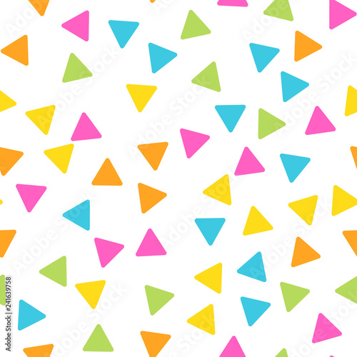 Seamless abstract geometric pattern of triangles in random order. Funny, happy and children theme. Simple flat vector illustration.