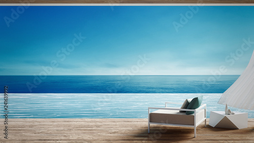 Living beach lounge - ocean villa on Sea view for vacation and summer / 3d render interior