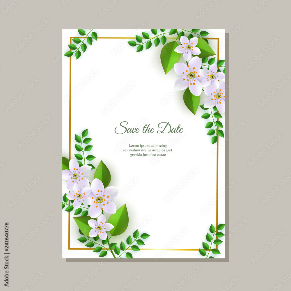 Vector illustration of wedding invitation card with tender floral compositions of light pink flowers and green leaves on white background. Romantic natural design with copy space.