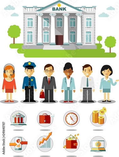 Business finance concept with people, icons and bank building