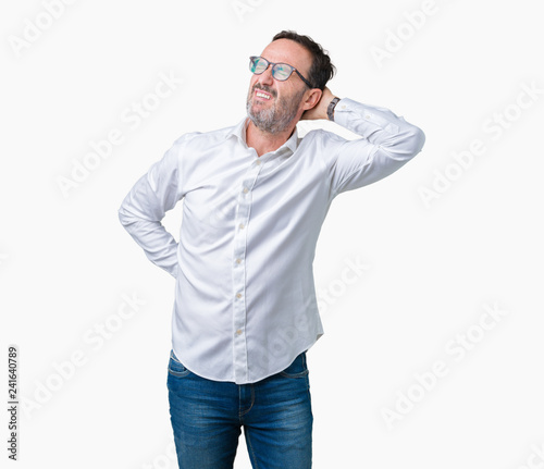 Handsome middle age elegant senior business man wearing glasses over isolated background Suffering of neck ache injury, touching neck with hand, muscular pain