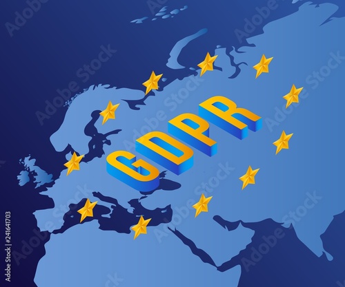 Vector general data protection regulation concept background with GDPR letters with stars on blue europe map backdrop. EU personal inforamation security control policy photo