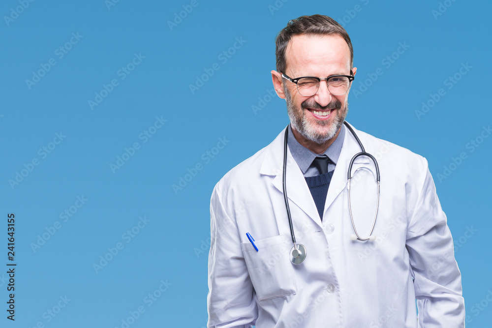 Middle age senior hoary doctor man wearing medical uniform isolated background winking looking at the camera with sexy expression, cheerful and happy face. Middle age senior hoary doctor man wearing medical uniform isolated background winking looking at the camera with sexy expression, cheerful and happy face.