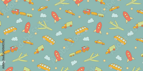 Children's background. Seamless border with different types of transport. Pattern can be used as a background for the websites, packing, fabrics, wallpapers. Vector illustration on a blue background