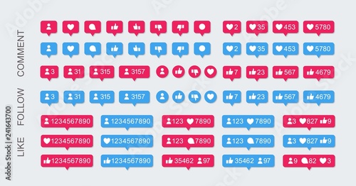 Vector illustration set of social network flat icons with likes, new followers and comments or messages counters isolated on white background - rating symbols of notifications.