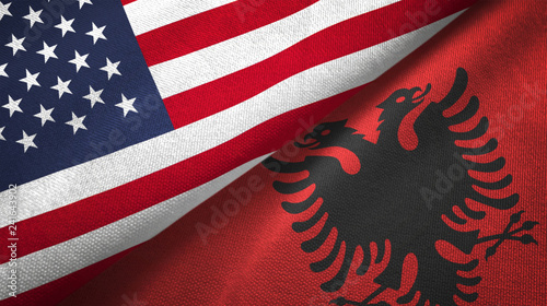Albania and United States two flags textile cloth fabric texture photo