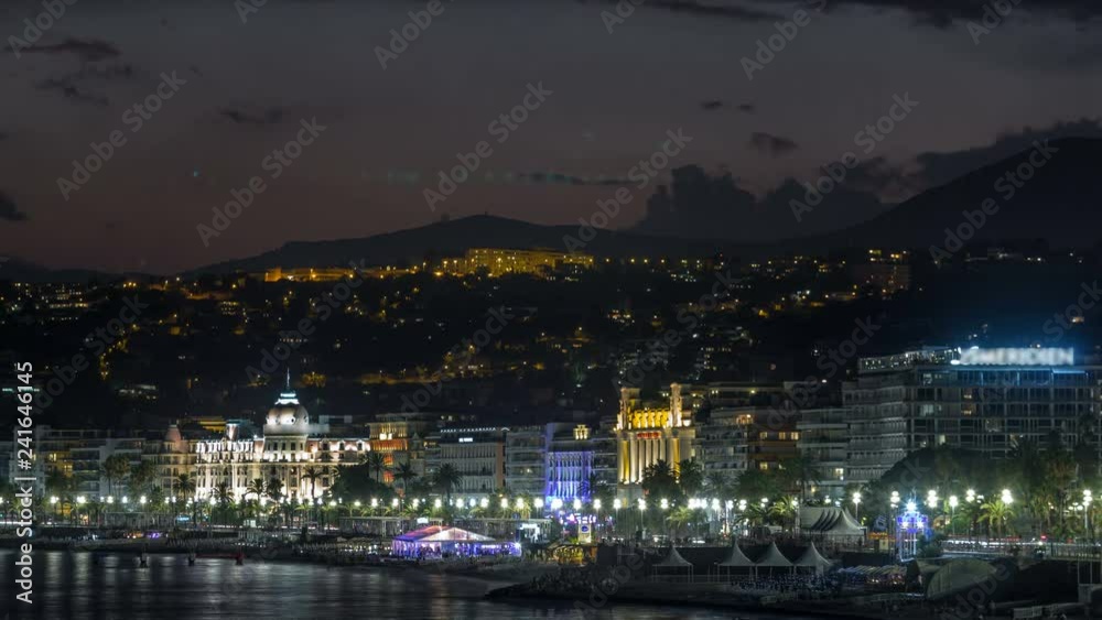 Waterfront of Nice city and Mediterranean Sea day to night timelapse Waterfront of Nice city and Mediterranean Sea day to night timelapse