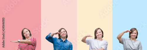 Collage of down syndrome woman over colorful stripes isolated background gesturing with hands showing big and large size sign, measure symbol. Smiling looking at the camera. Measuring concept.