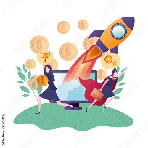 businesswomen with hero cape and device screen