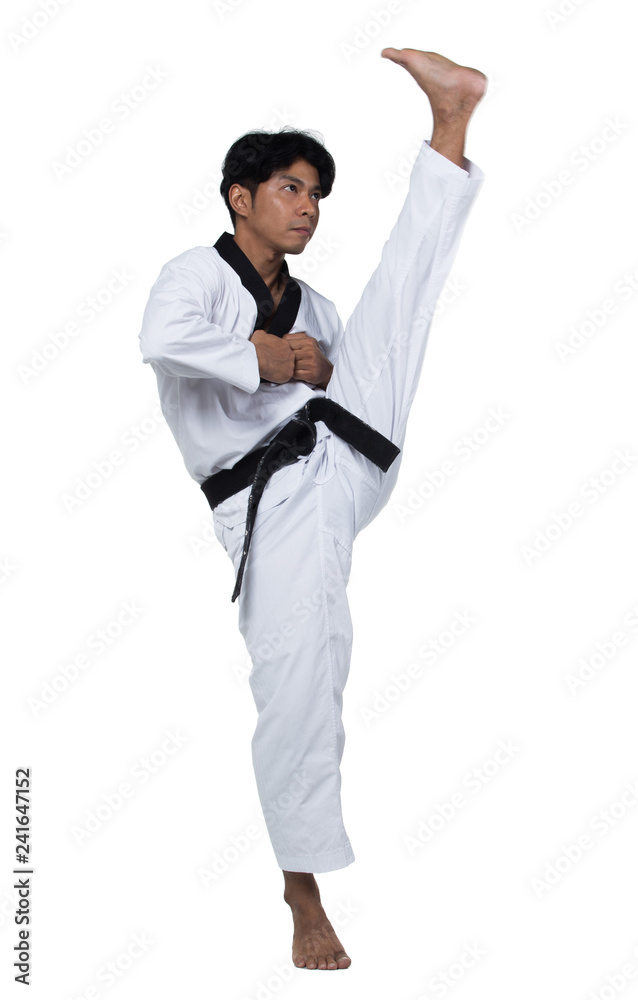 Master Black Belt TaeKwonDo handsome man instructor Teacher fighter show hit pose, studio lighting white background isolated. White formal fighting suit, motion blur hand foots on taekwondo post. Master Black Belt TaeKwonDo handsome man instructor Teacher fighter show hit pose, studio lighting white background isolated. White formal fighting suit, motion blur hand foots on taekwondo post.