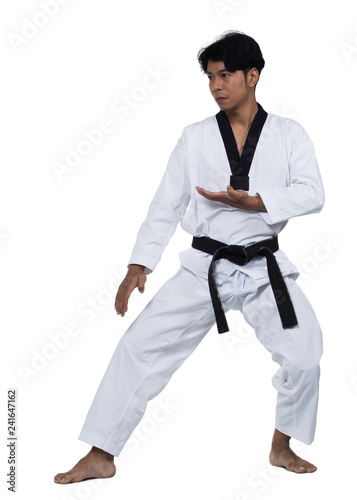 Master Black Belt TaeKwonDo handsome man instructor Teacher fighter show hit pose, studio lighting white background isolated.  White formal fighting suit, motion blur hand foots on taekwondo post.
