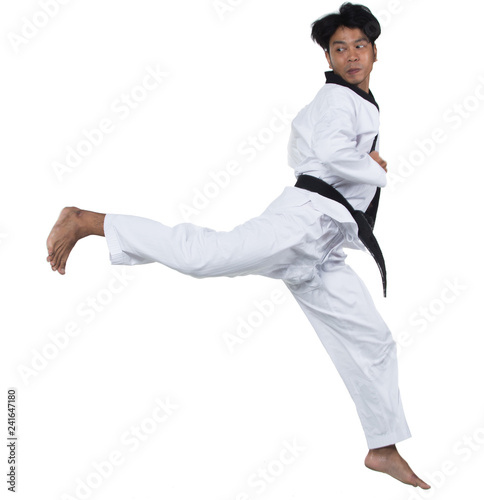 Master Black Belt TaeKwonDo handsome man instructor Teacher fighter show hit pose, studio lighting white background isolated. White formal fighting suit, motion blur hand foots on taekwondo post.