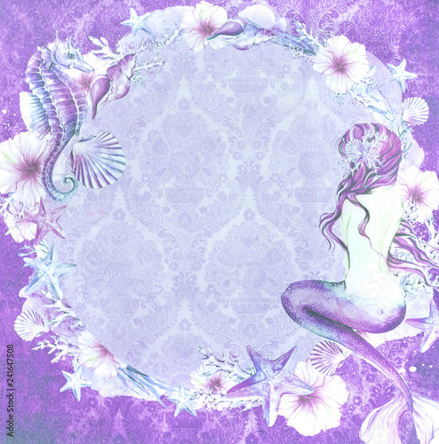 Mermaid/Nymph with Seahorse, Seashells and Floral Ornament. Illustration