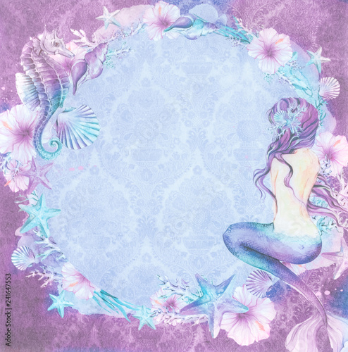 Mermaid/Nymph with Seahorse, Seashells and Floral Ornament. Illustration
