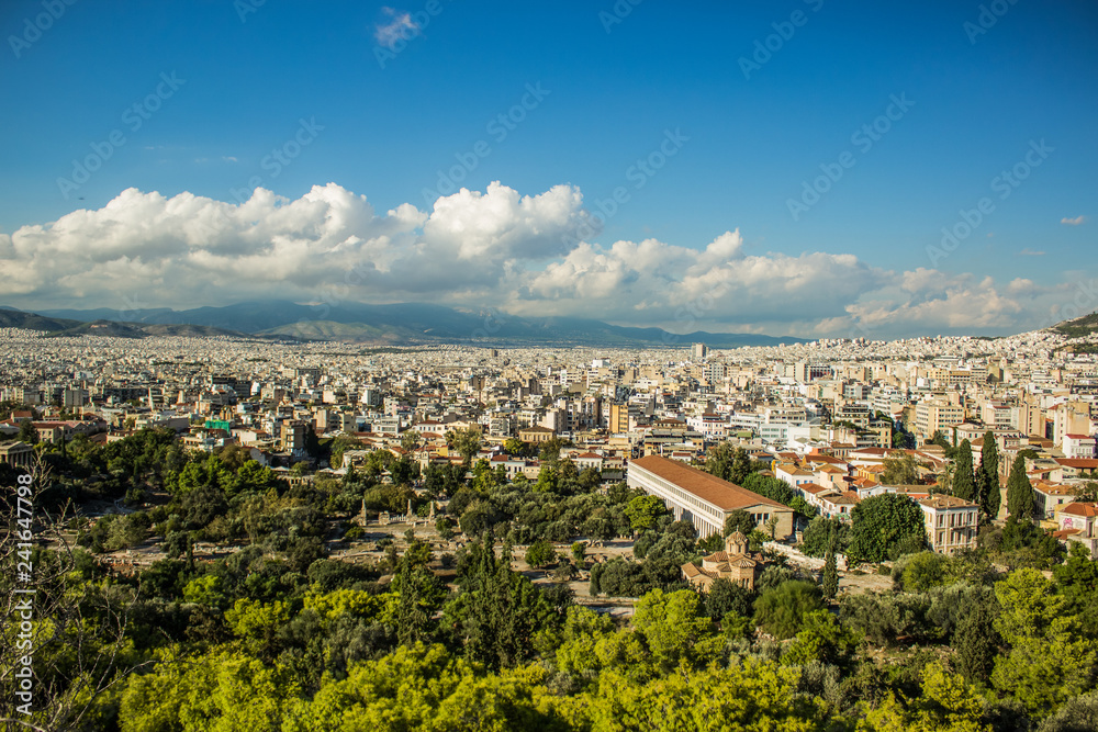 Athens - capital of Greece aerial city photography with antique architecture church temple and park outdoor nature environment on foreground in summer clear weather time 