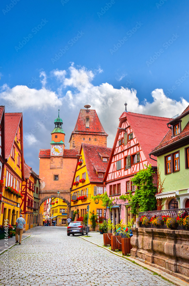 Beautiful streets in Rothenburg ob der Tauber with traditional German houses, Bavaria, Germany