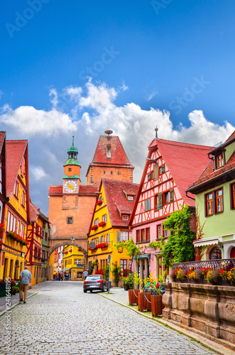 Fototapeta Beautiful streets in Rothenburg ob der Tauber with traditional German houses, Ba