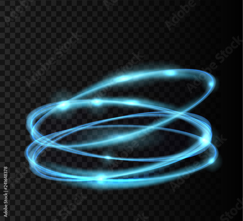 Blue glowing shiny spiral lines and circle light effect. Abstract Glowing light fire ring trace. Magic sparkle circle light on transparent background. Vector illuastration.