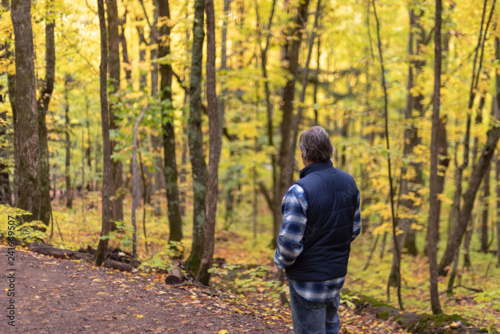 Man hiking a trail in the Porcupine Mountains on a misty autumn day Man hiking a trail in the Porcupine Mountains on a misty autumn day