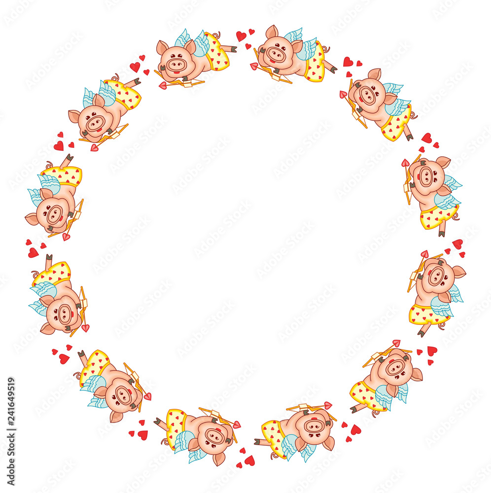 Round frame with cute cartoon Cupid pigs
