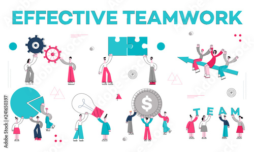 Vector teambuilding and successful team work concept characters set with stylized business men holding big gears, puzzles idea light bulb, golden coin above head, flying at arrow Isolated illustration
