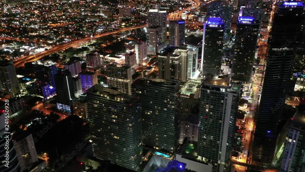 Aerial of architecture, landmarks and sights in Miami, Florida at night. Aerial of architecture, landmarks and sights in Miami, Florida at night.