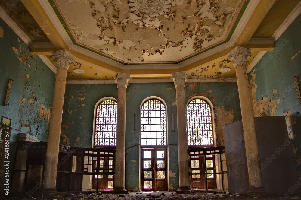 Abandoned overgrown interior of railway station in Gudauta, Abkhazia