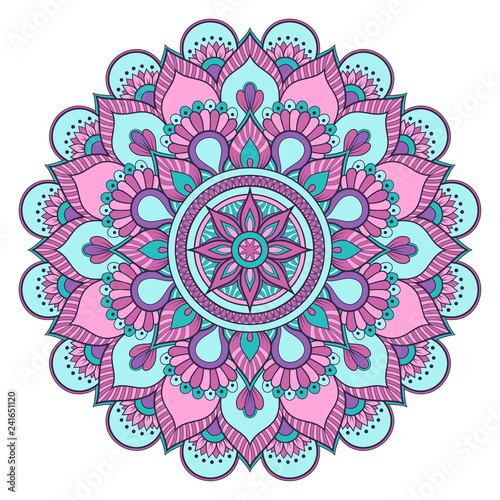 Decorative colorful ethnic mandala pattern. Design element for greeting card, banner or poster in oriental style. Hand drawn illustration