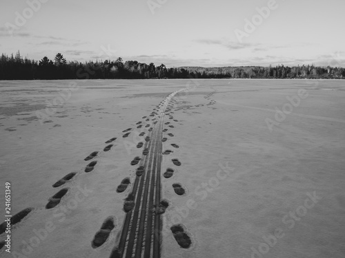 tracks in the snow on a frozen lake in winter  black and white.