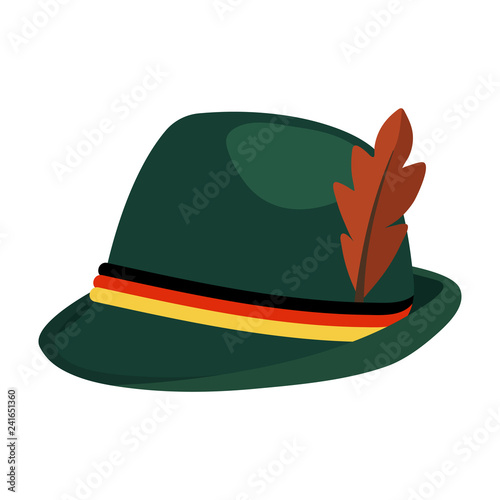 Oktoberfest Green Alpine Hat - Traditional Oktoberfest alpine hat made of green felt with black, red, and gold cords and brown feather isolated on white background