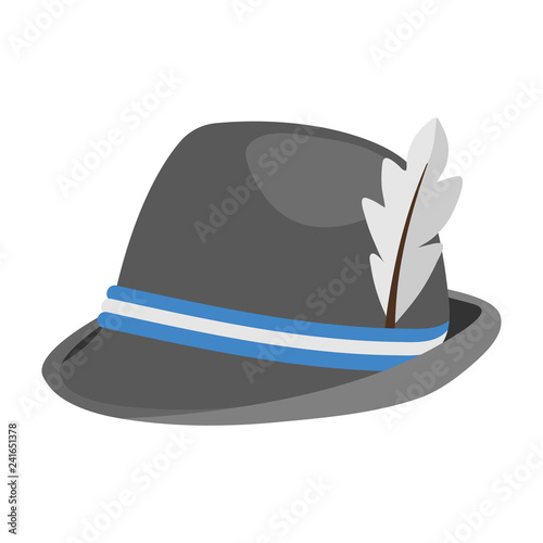 Oktoberfest Gray Alpine Hat - Traditional Oktoberfest alpine hat made of gray felt with blue and white cords and white feather isolated on white background