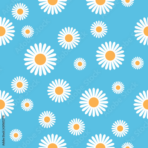 Seamless Daisy Flowers Pattern Blue Background