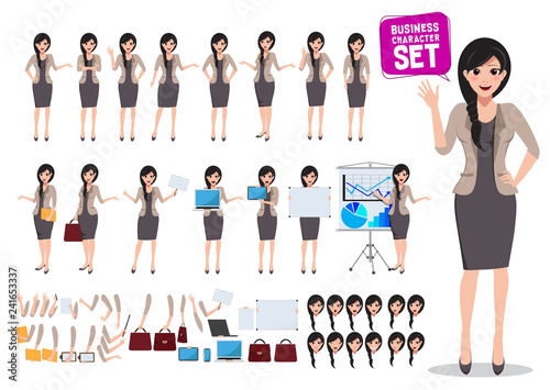 Woman business character vector set. Female office worker  standing with various poses and hand gestures for business presentation. Vector illustration.