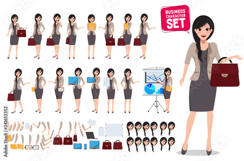 Woman business character vector set. Female office worker holding bag with various poses and hand gestures for business presentation. Vector illustration.